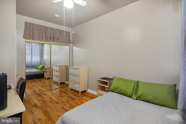 bedroom featuring ceiling fan, a closet, and hardwood / wood-style floors