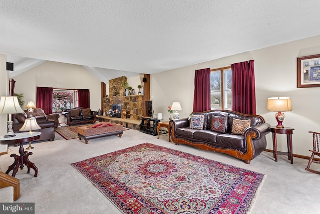 carpeted living room with vaulted ceiling and a textured ceiling