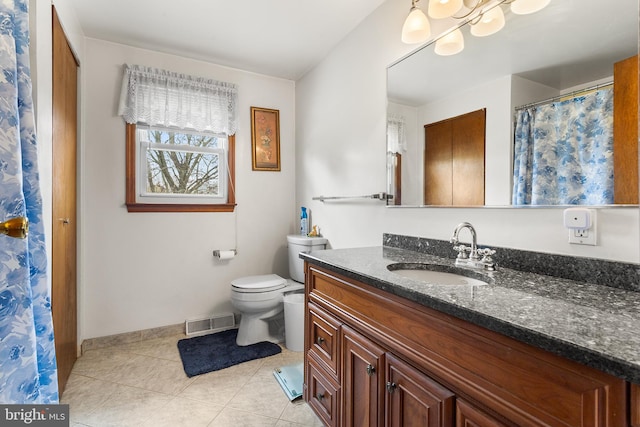 bathroom with toilet, tile flooring, and vanity