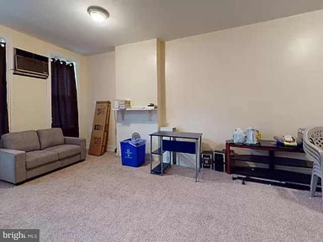 interior space featuring a wall mounted AC and light carpet