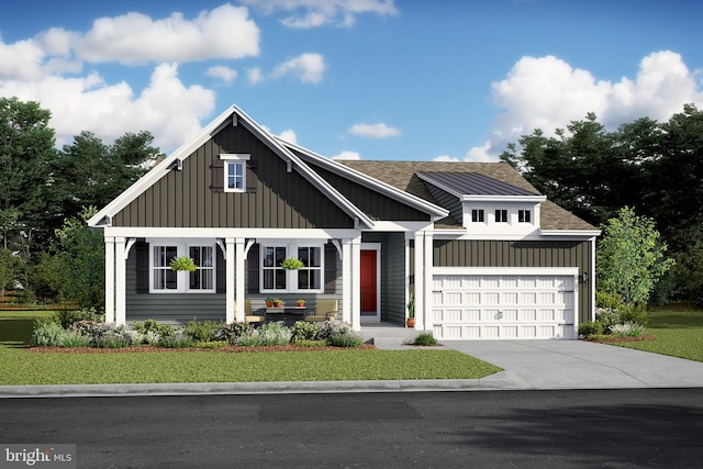 modern farmhouse with a garage, concrete driveway, a shingled roof, and board and batten siding