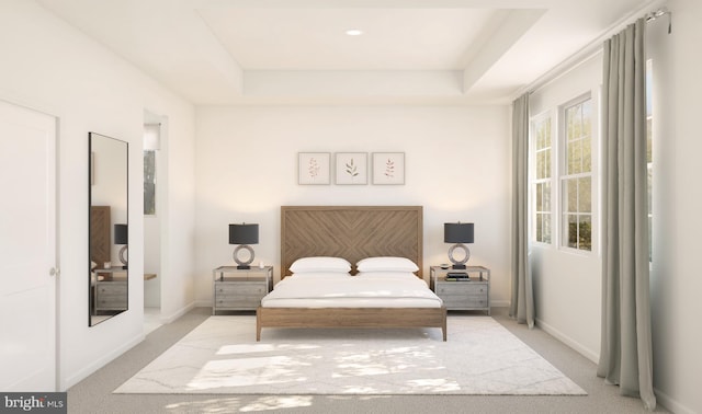 bedroom with carpet floors, a tray ceiling, and baseboards