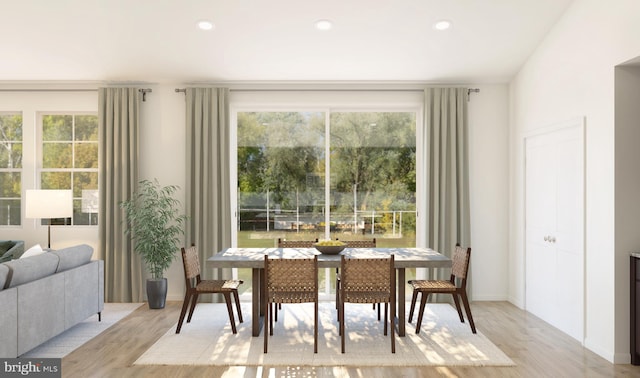 dining area featuring baseboards, wood finished floors, and recessed lighting