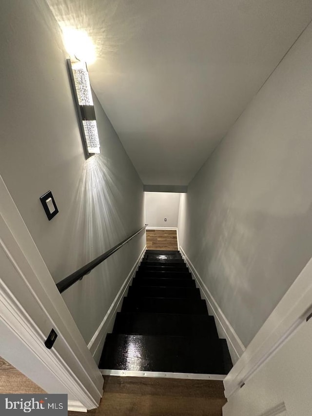 staircase with wood-type flooring