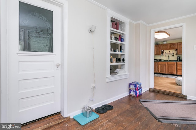 interior space with built in shelves, crown molding, dark hardwood / wood-style flooring, and sink