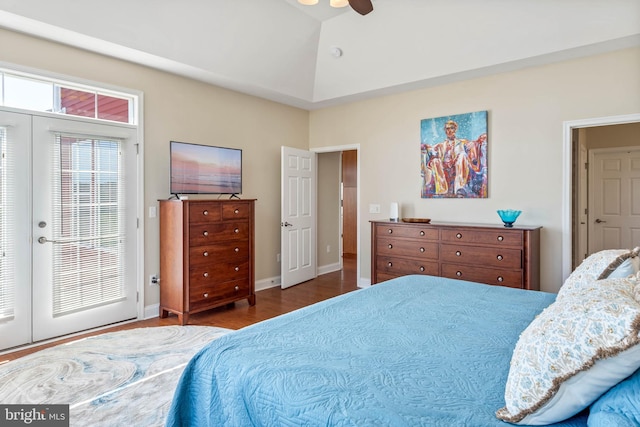 bedroom with hardwood / wood-style floors, ceiling fan, high vaulted ceiling, and french doors