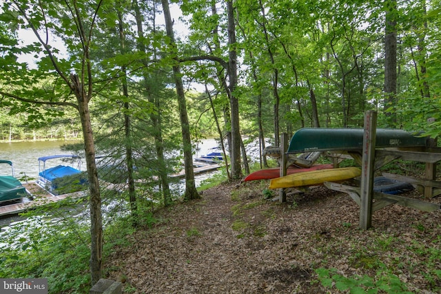 view of yard with a boat dock and a water view