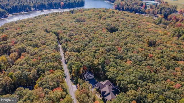 drone / aerial view with a water view