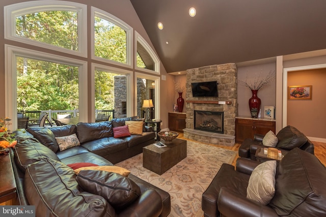 living room with hardwood / wood-style floors, high vaulted ceiling, and a stone fireplace