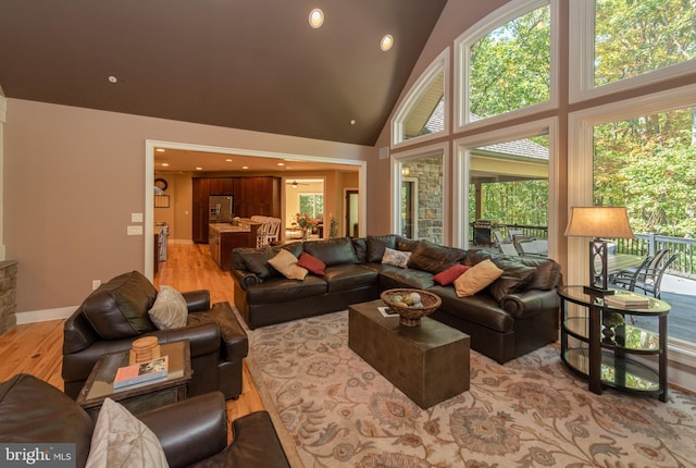 living room featuring a wealth of natural light, light hardwood / wood-style floors, and high vaulted ceiling