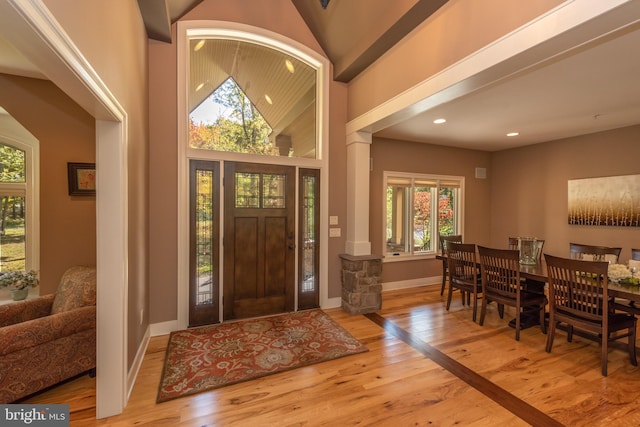 entrance foyer with light hardwood / wood-style flooring, a wealth of natural light, and a high ceiling