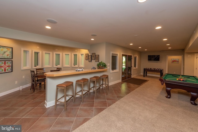 recreation room featuring dark colored carpet and pool table