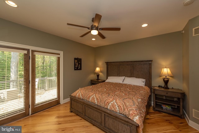 bedroom featuring ceiling fan, access to exterior, and light wood-type flooring