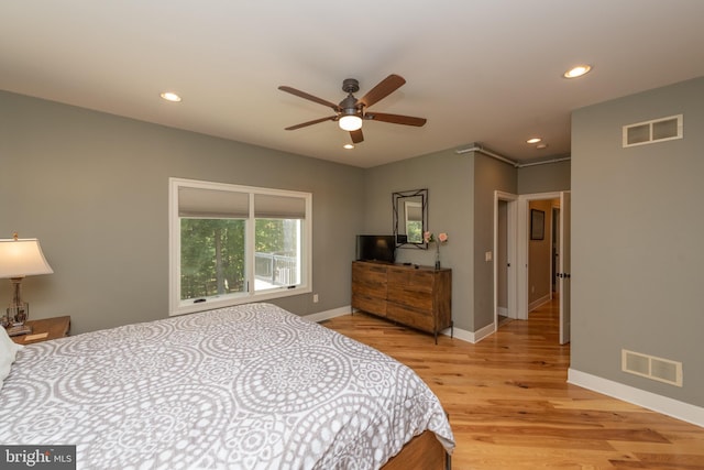 bedroom featuring ceiling fan and light wood-type flooring