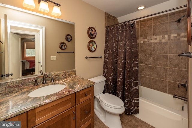 full bathroom with large vanity, shower / bathtub combination with curtain, toilet, and tile flooring