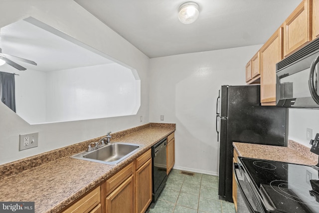 kitchen featuring sink, ceiling fan, light tile floors, and black appliances