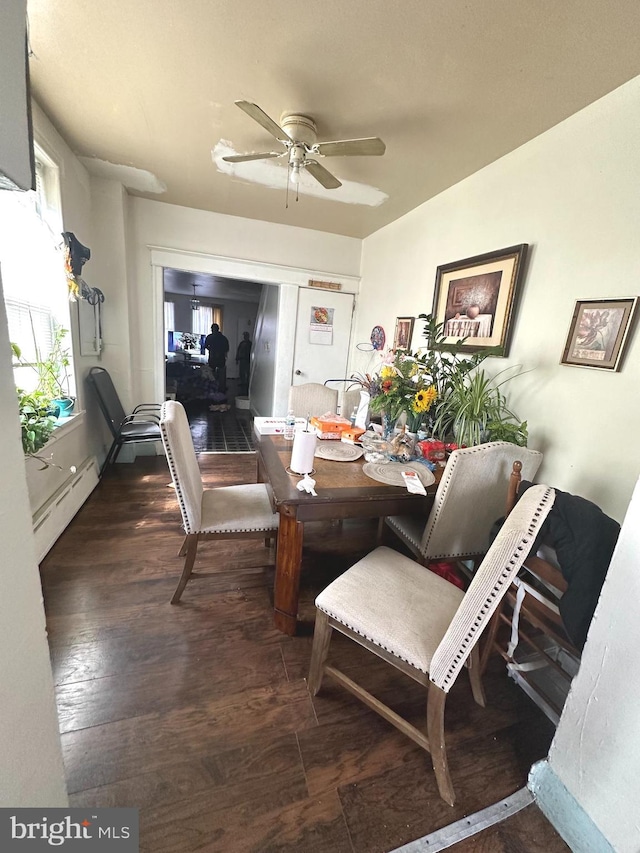 dining space with ceiling fan, a baseboard radiator, and dark hardwood / wood-style floors