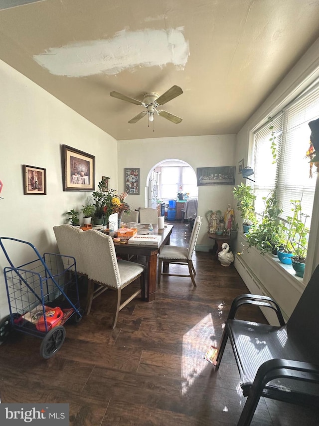 dining area with ceiling fan and dark wood-type flooring