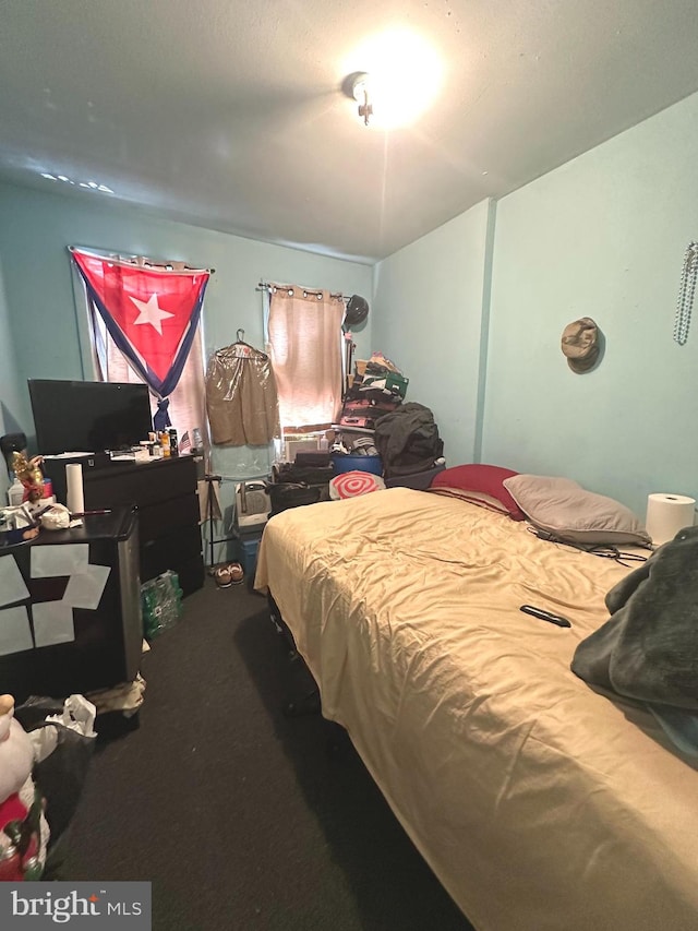 bedroom featuring dark carpet