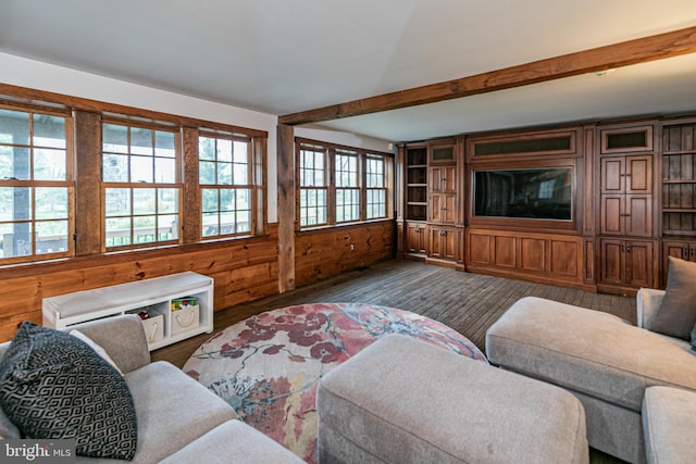 living room featuring beam ceiling and dark hardwood / wood-style floors