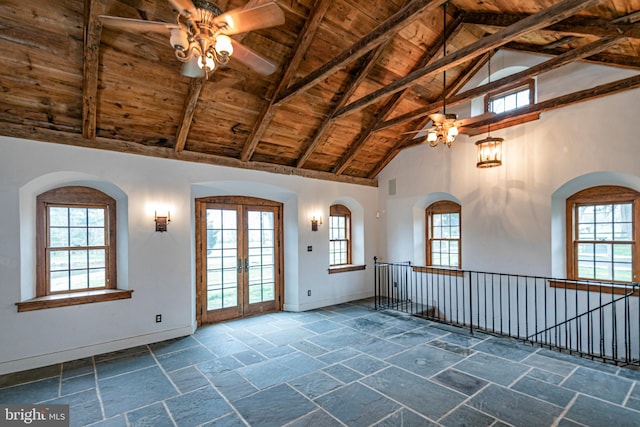 tiled spare room featuring high vaulted ceiling, french doors, beam ceiling, wood ceiling, and ceiling fan