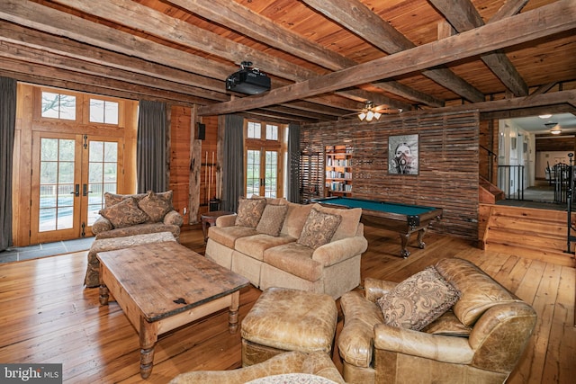 living room with french doors, a wealth of natural light, pool table, and ceiling fan