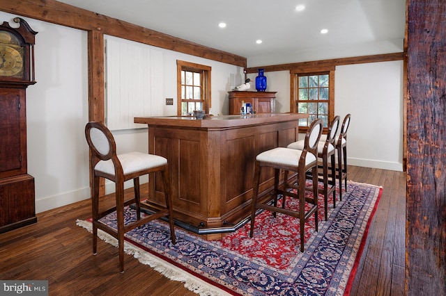 bar featuring dark hardwood / wood-style floors