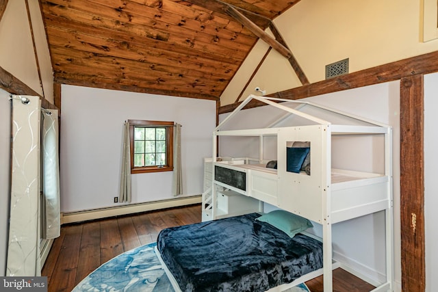 bedroom featuring wooden ceiling, dark wood-type flooring, a baseboard radiator, and lofted ceiling