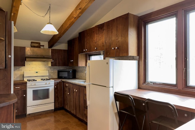 kitchen with dark tile floors, white appliances, tasteful backsplash, dark brown cabinets, and hanging light fixtures