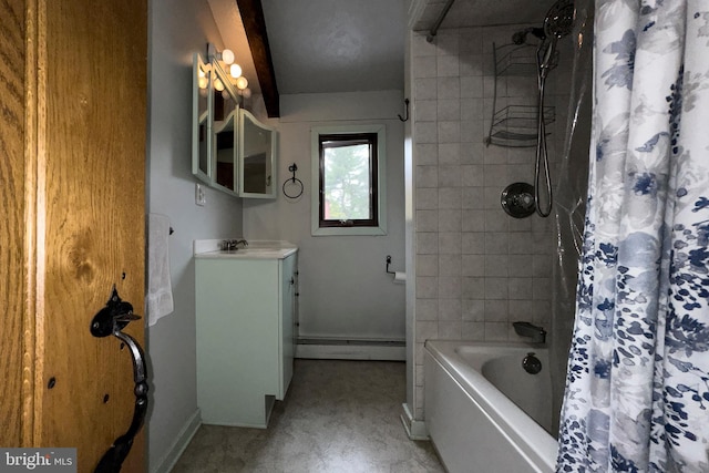 bathroom with a baseboard heating unit, vanity, and shower / tub combo with curtain