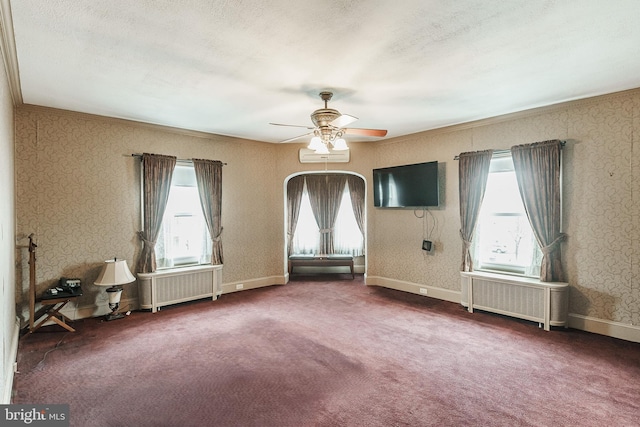 carpeted spare room featuring a wealth of natural light, ceiling fan, and radiator