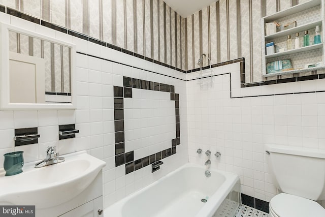 bathroom featuring tile walls, vanity, toilet, and tile flooring