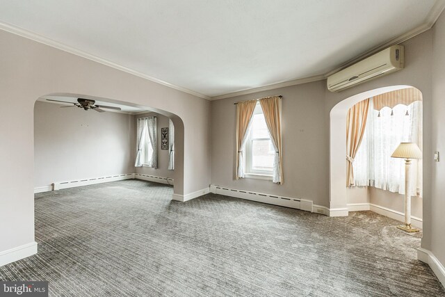 empty room with ceiling fan, a baseboard heating unit, a wall mounted air conditioner, and dark colored carpet