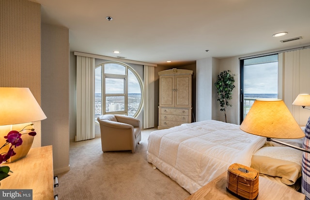 carpeted bedroom featuring a water view