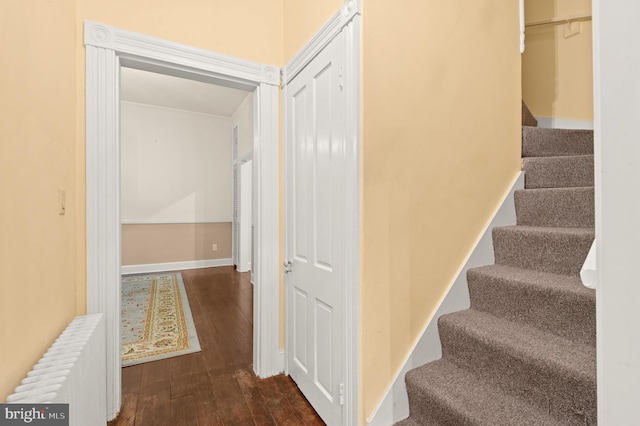 stairs with radiator and dark wood-type flooring