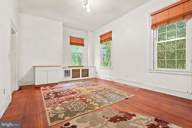 spare room with ornamental molding, dark hardwood / wood-style flooring, and radiator heating unit