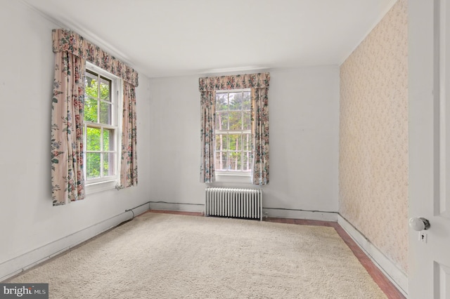 spare room featuring a wealth of natural light and radiator heating unit