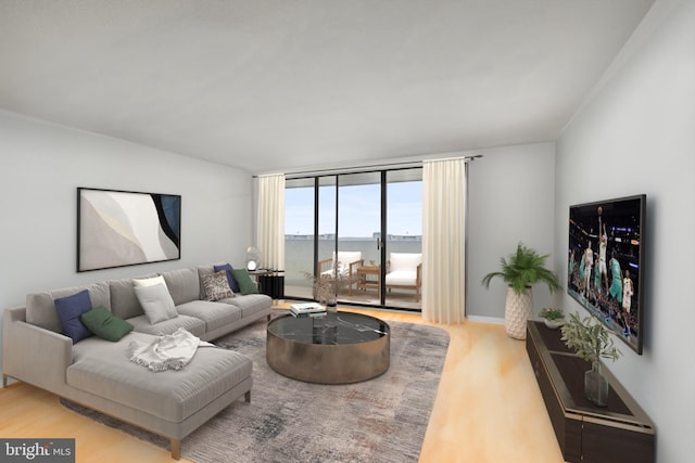 living room with floor to ceiling windows, light hardwood / wood-style flooring, and a water view