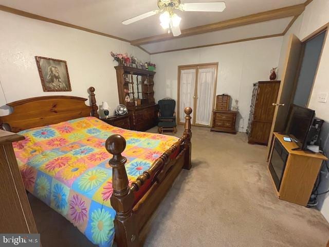 bedroom with ceiling fan, light colored carpet, french doors, vaulted ceiling, and ornamental molding