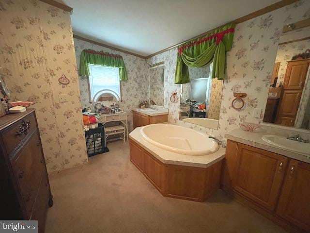 bathroom featuring a bathing tub, crown molding, and vanity