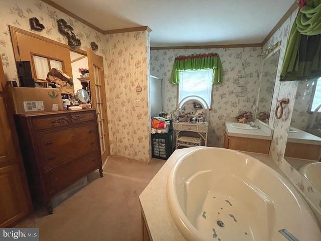 bathroom featuring a bathing tub and crown molding