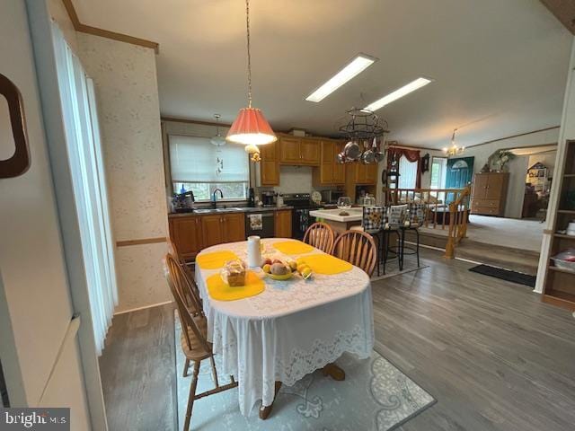 dining space with dark hardwood / wood-style flooring and sink