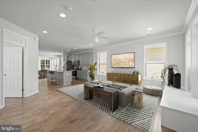 living room with plenty of natural light, ceiling fan, and light wood-type flooring