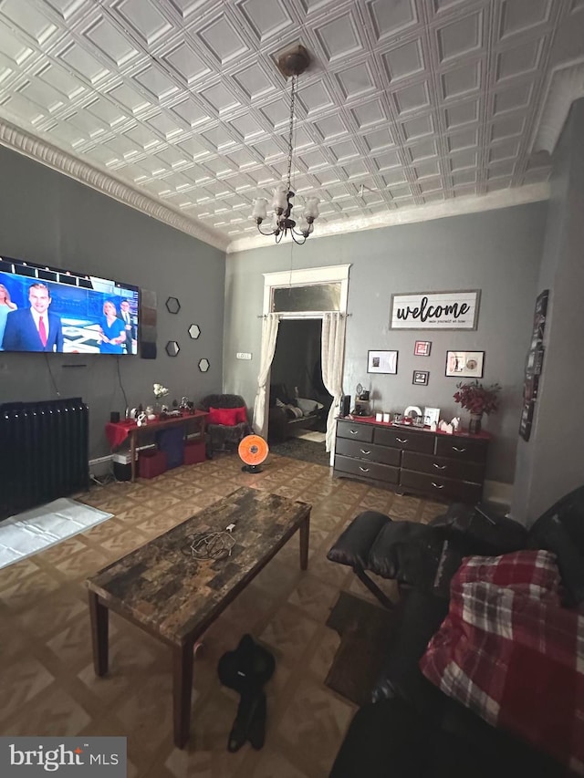 living room featuring an inviting chandelier