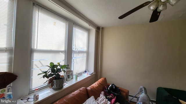 interior space with a healthy amount of sunlight, a baseboard radiator, and ceiling fan