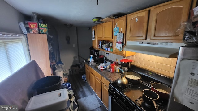 kitchen with electric range, tasteful backsplash, dark wood-type flooring, and exhaust hood