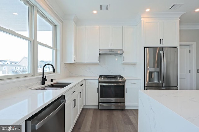 kitchen with light stone countertops, stainless steel appliances, white cabinets, and sink