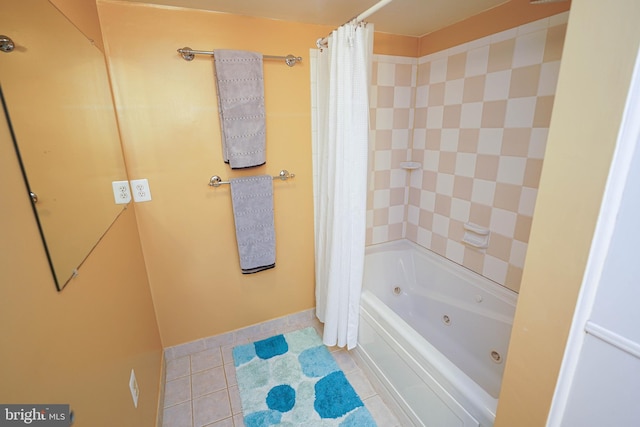 bathroom with tile flooring and shower / bathtub combination with curtain