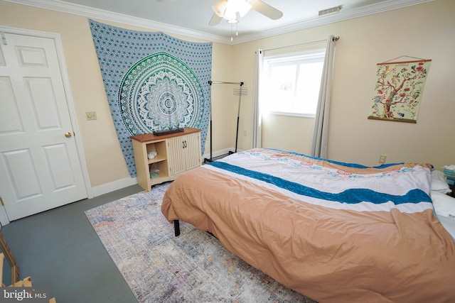 bedroom featuring ceiling fan and crown molding