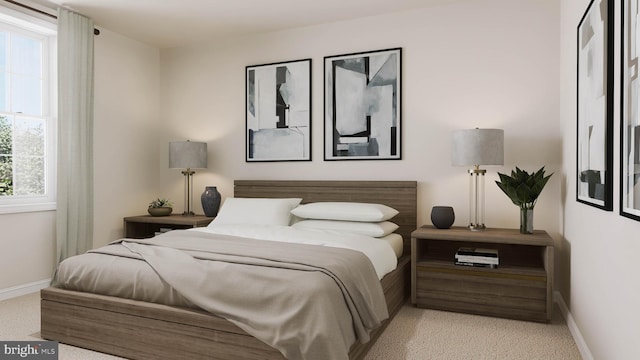 bedroom with light colored carpet